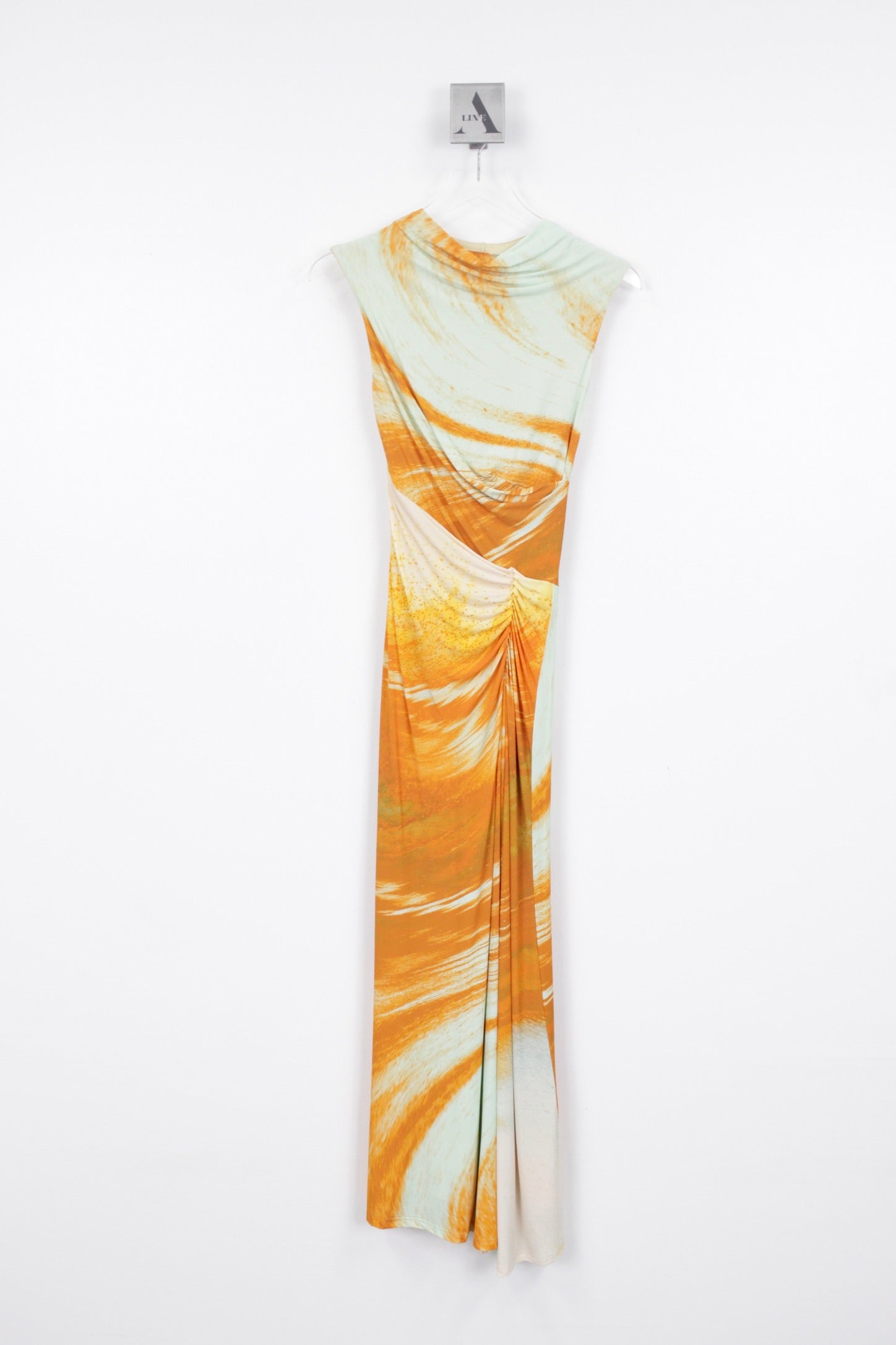 ACACIA MARBLE PRINTED JERSEY HIGH NECK RUCHED MIDI DRESS